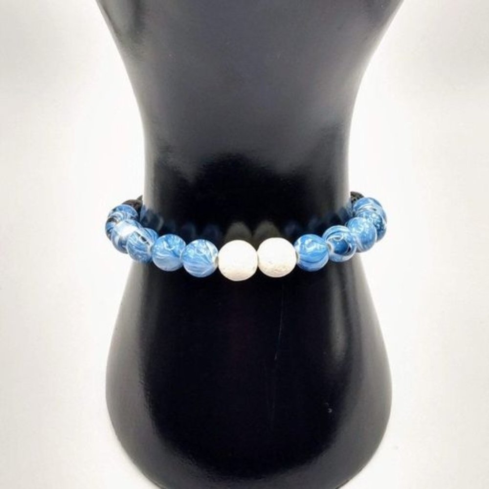 Black And White Lava Stone Bracelet-Lnk Blue Bead Bracelet